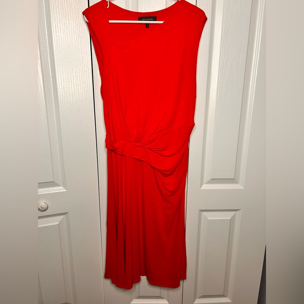 St John Women's Size 10 Red Orange Gathered Asymmetric Neck Sleeveless‎ Dress